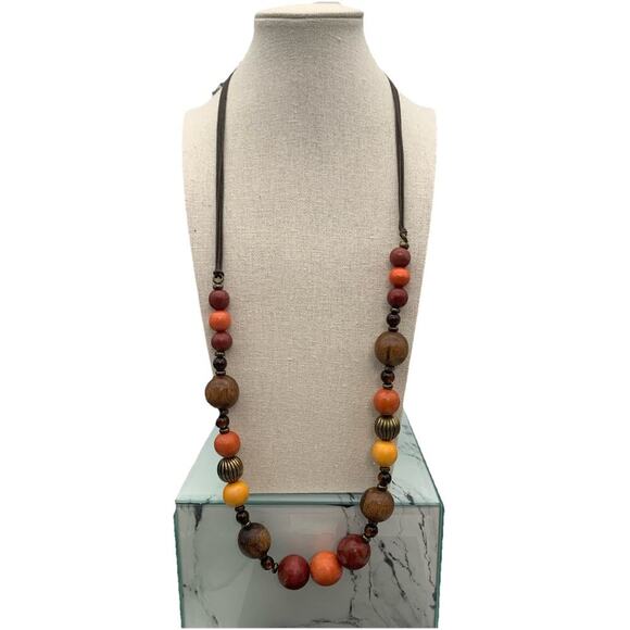 Boho Colorful Chunky Wood Bead Necklace With Cloth Necklace - Picture 1 of 5